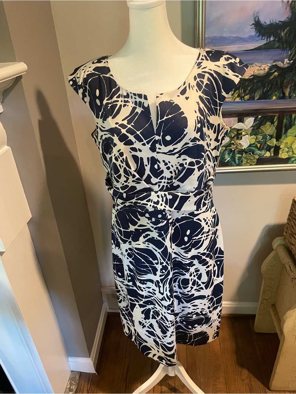 Dress Barn Navy & White Abstract Midi Dress. Lined.